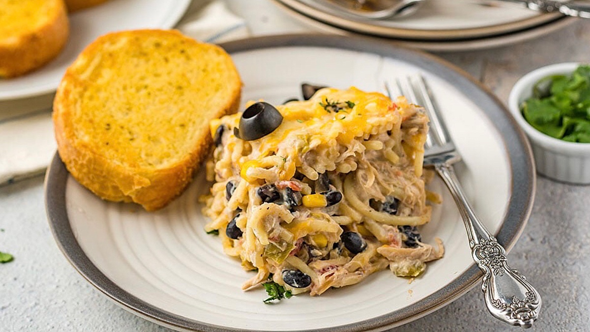 Fiesta Chicken Pasta Casserole Bake.