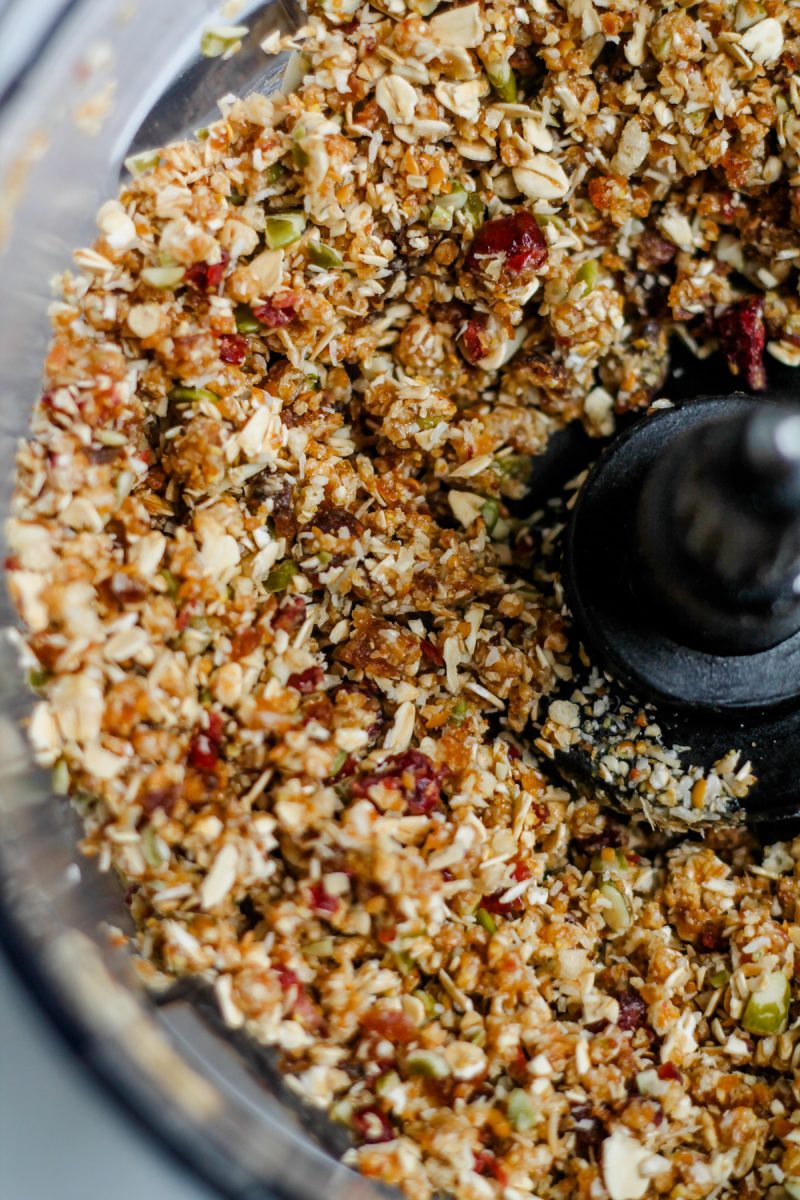 Homemade Aussie Bites copycat recipe made with granola, prepared in a food processor.
