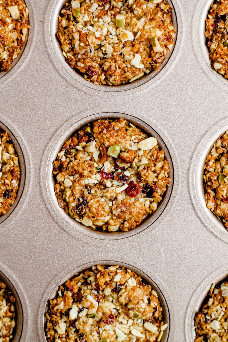 A granola-bites-filled muffin tin, inspired by the famous Aussie Bites copycat recipe.