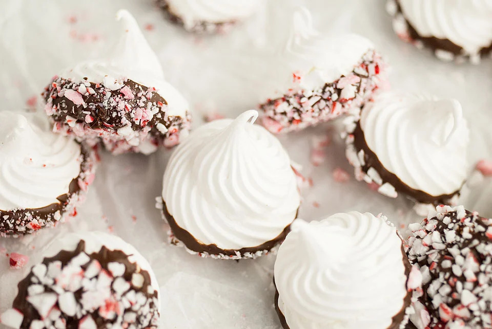 chocolate dipped peppermint meringue kiss christmas cookies