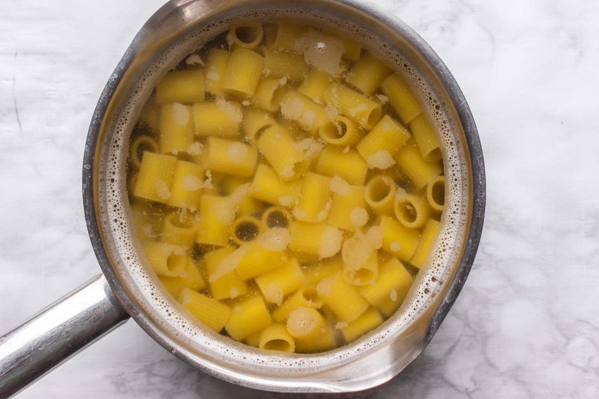 Gigi Hadid's Quick and Easy Pasta Recipe on a Marble Countertop.