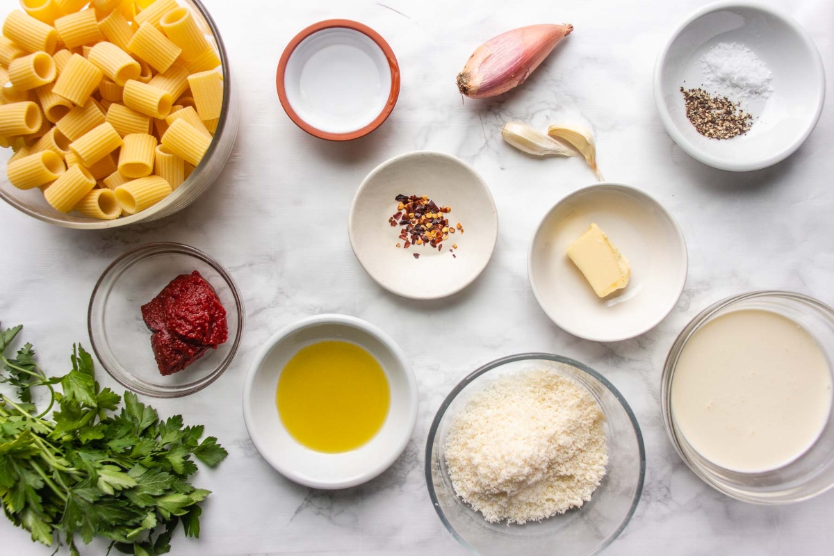 Gigi Hadid's quick and easy pasta recipe on a marble table.