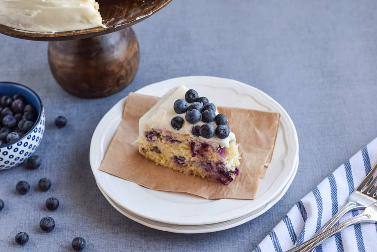 A slice of lemon blueberry cake. 