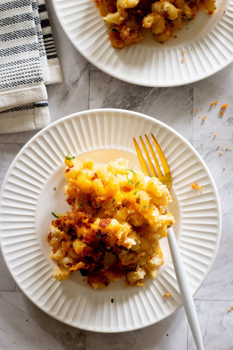 A loaded plate with a piece of macaroni and cheese on it.