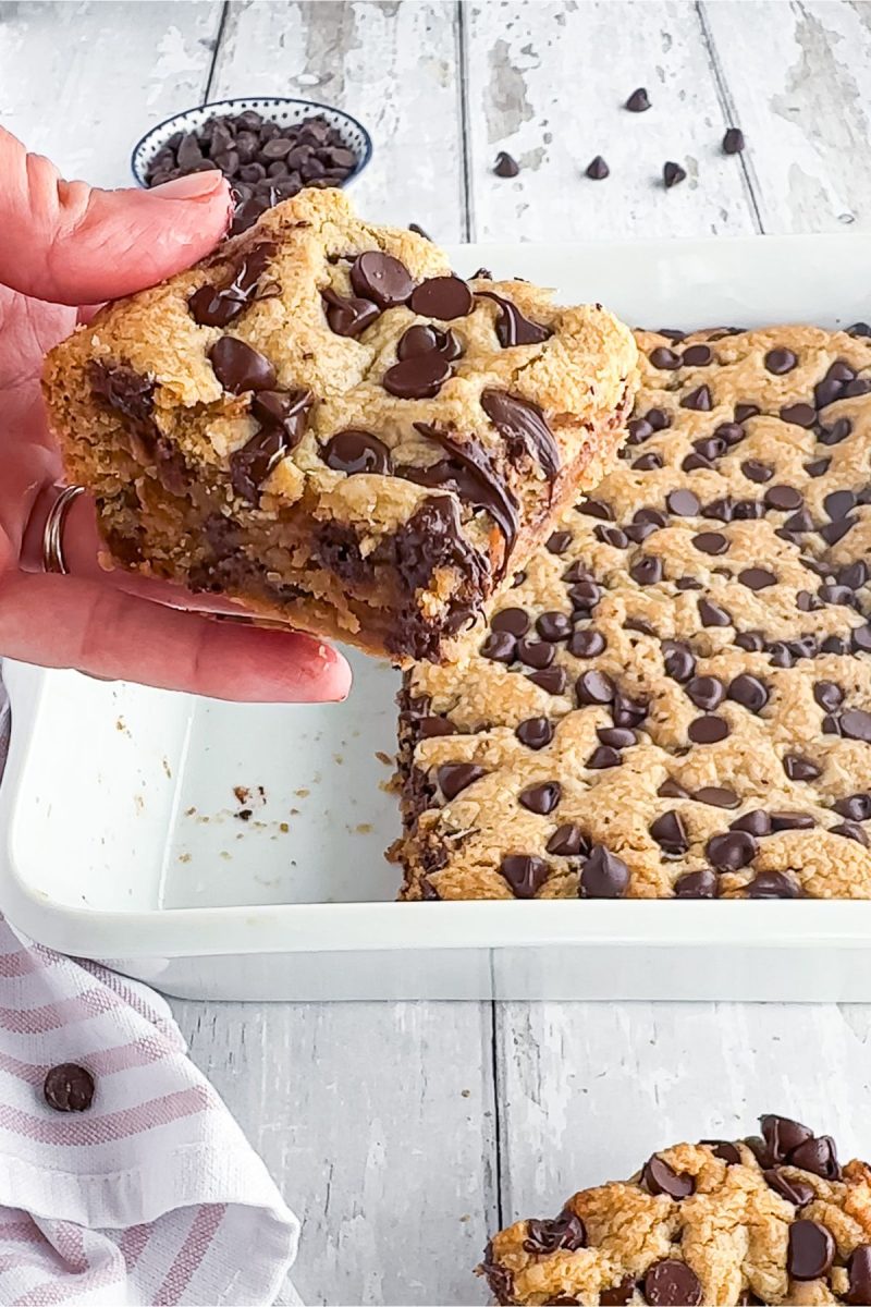     A person holding a peanut butter chocolate chip bar.