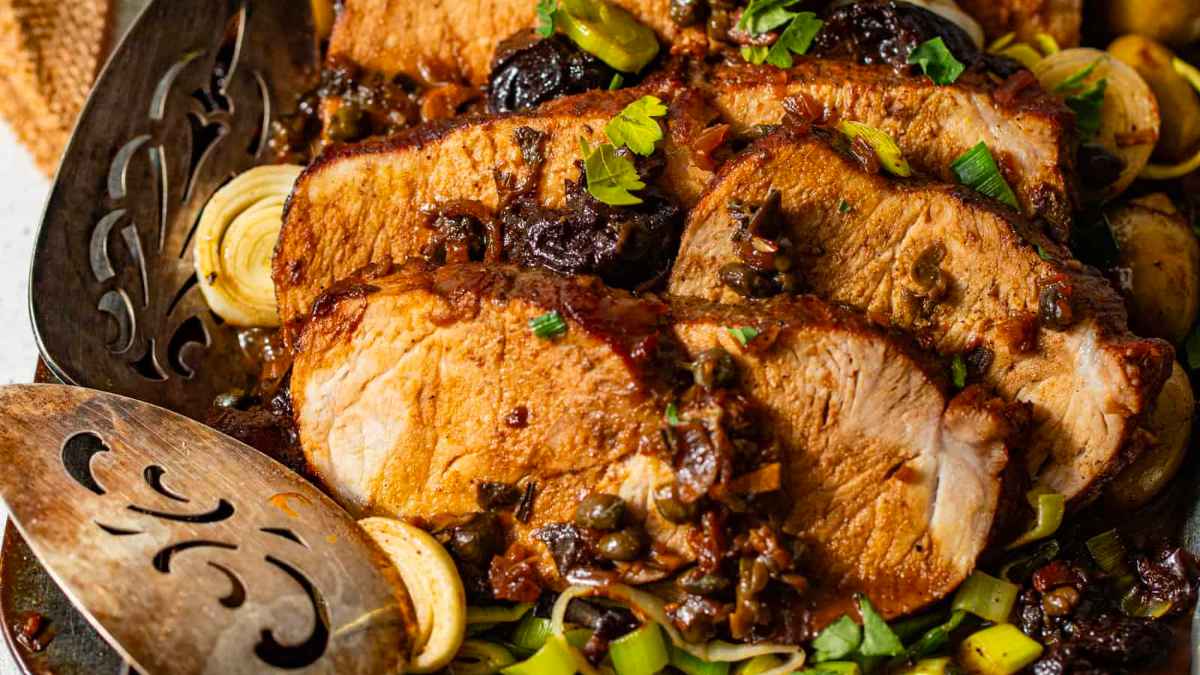 Pork Marbella on a tray.