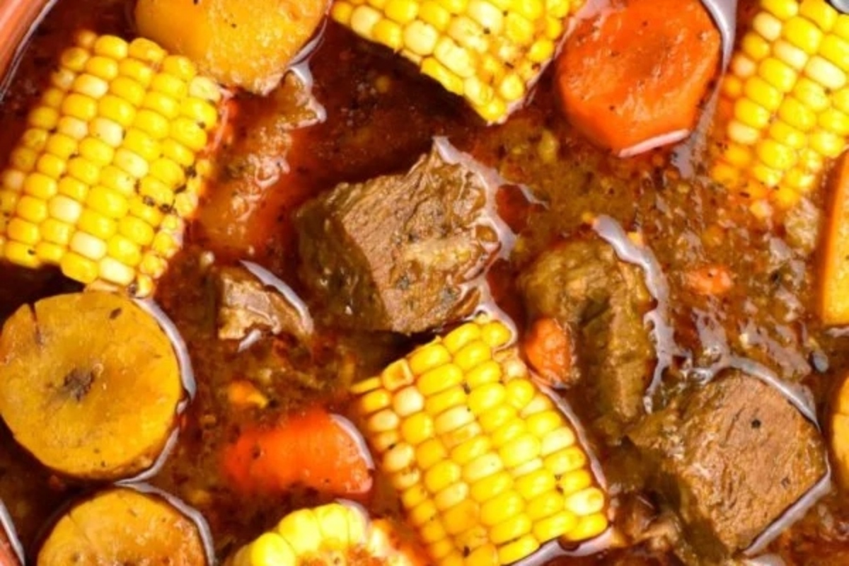 A hearty beef stew perfect for the winter season, packed with tender chunks of meat and comforting bites of corn.