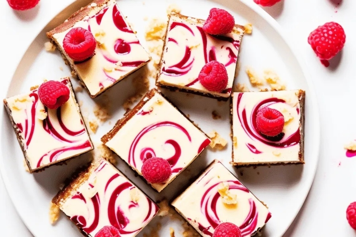 A plate of raspberry cheesecake squares on a white plate.