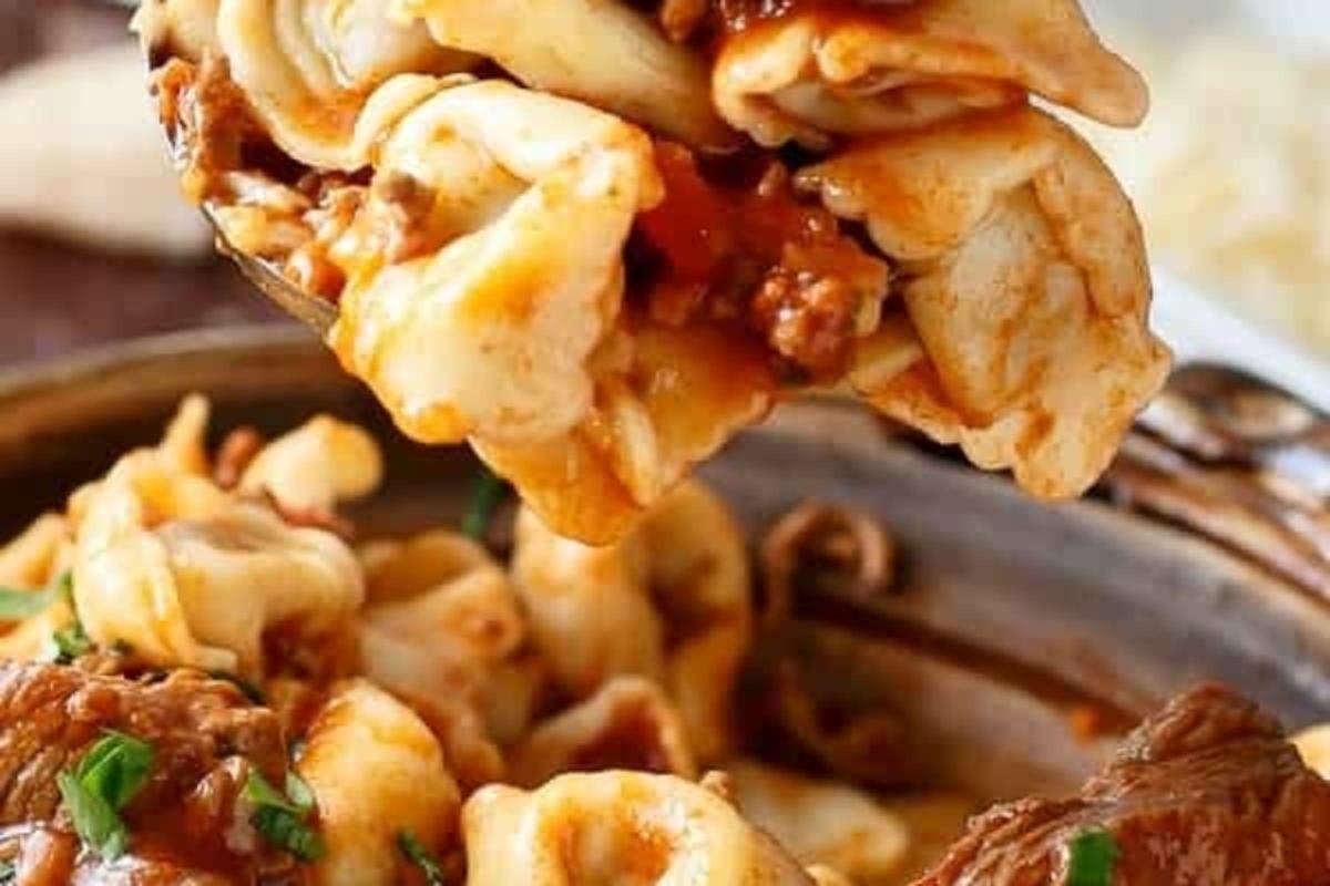 A spoon is being held over a bowl of tortellini pasta with meat and sauce.