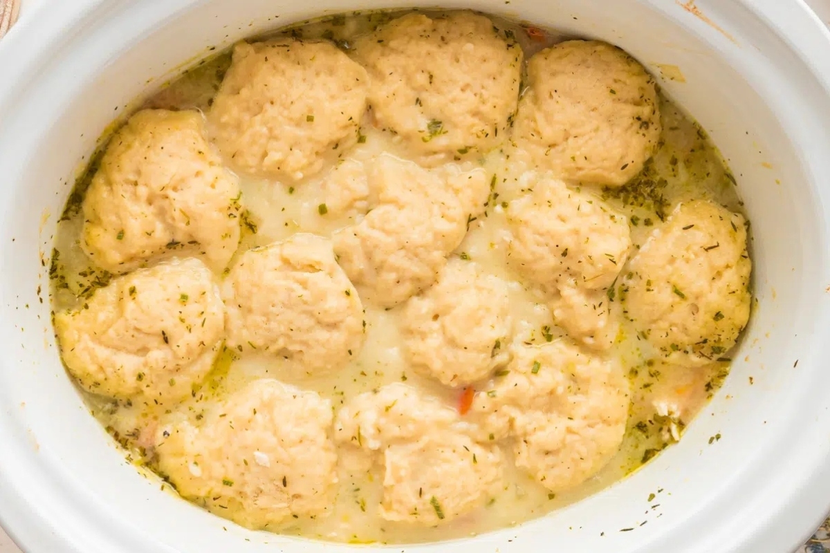 Slow cooker turkey dumplings made in a crock pot.