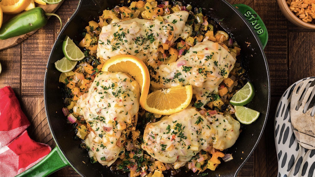 Cheesy Baja Chicken & Bell Pepper Skillet.
