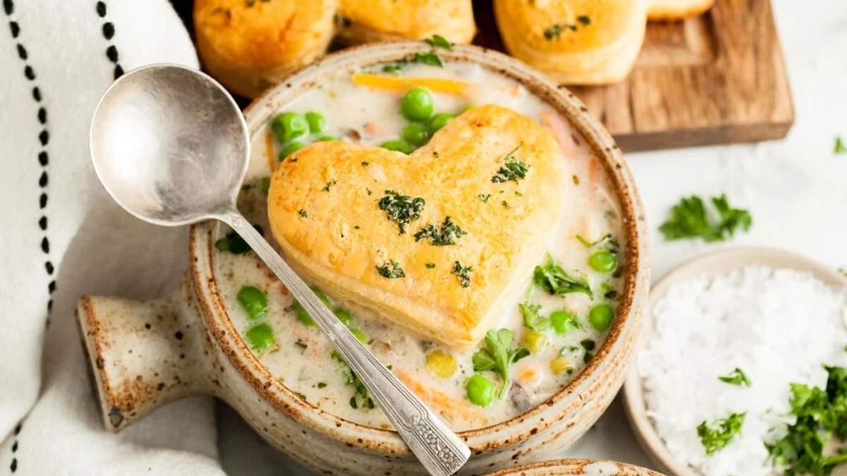 A heart shaped bowl of soup with biscuits and peas, perfect for romantic meals or cozy gatherings.
