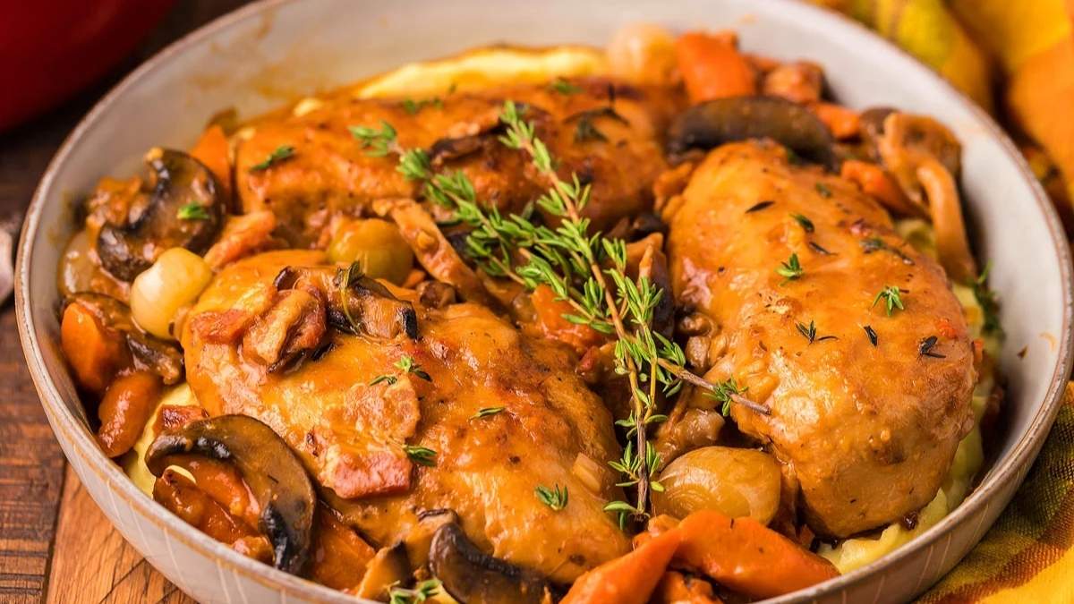 Shared comfort food recipe: Chicken breasts with mushrooms and carrots in a casserole dish.