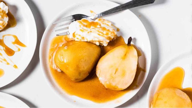 Amaretto Poached Pears.
