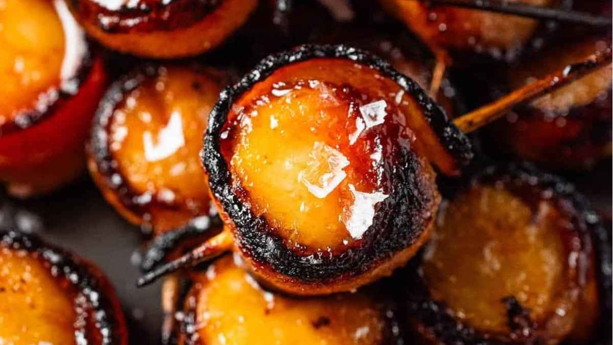 Bacon Scallop Lollipops With Honey Sriracha Glaze.
