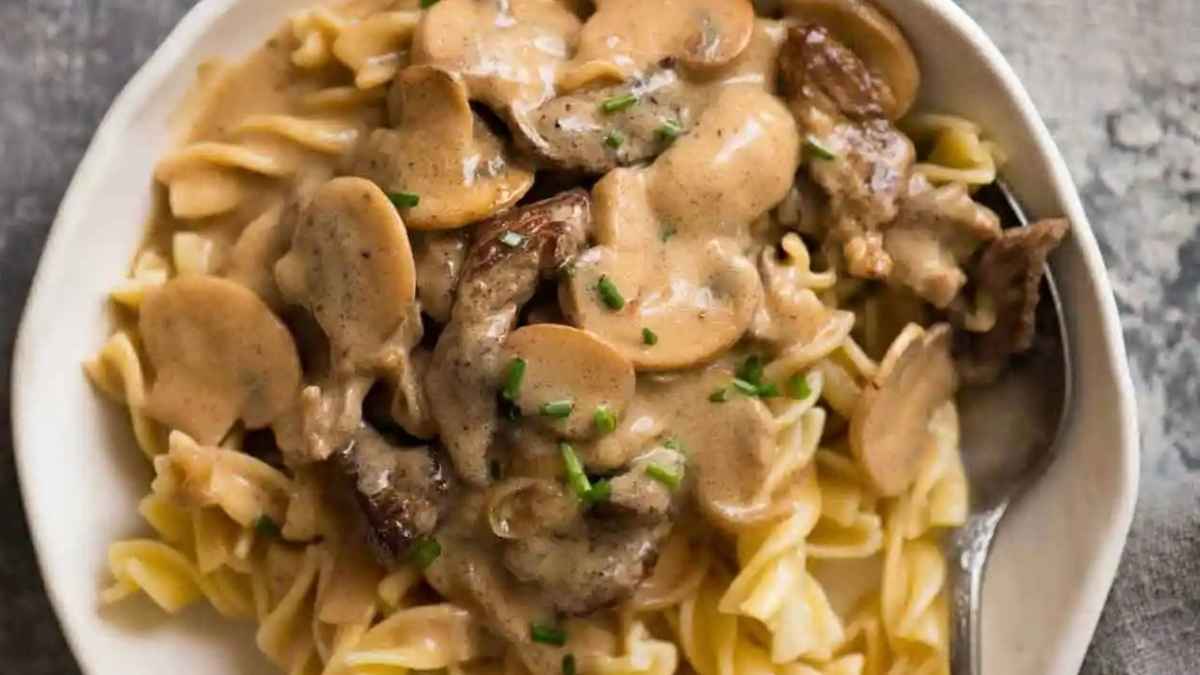 Beef stroganoff on a plate.
