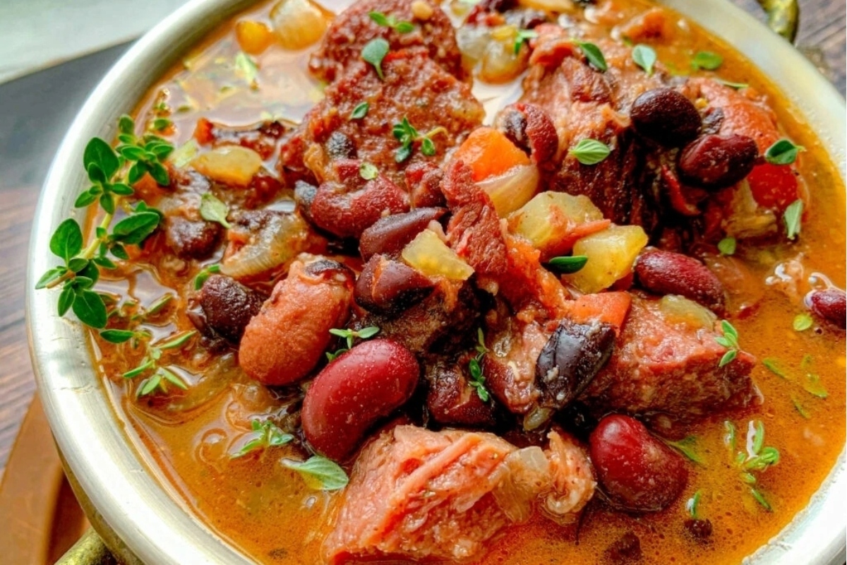 A bowl of stew with meat and beans.