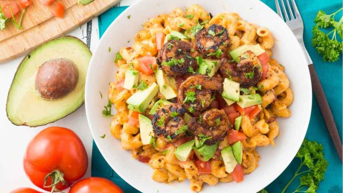Chipotle Mac And Cheese With Blackened Shrimp.