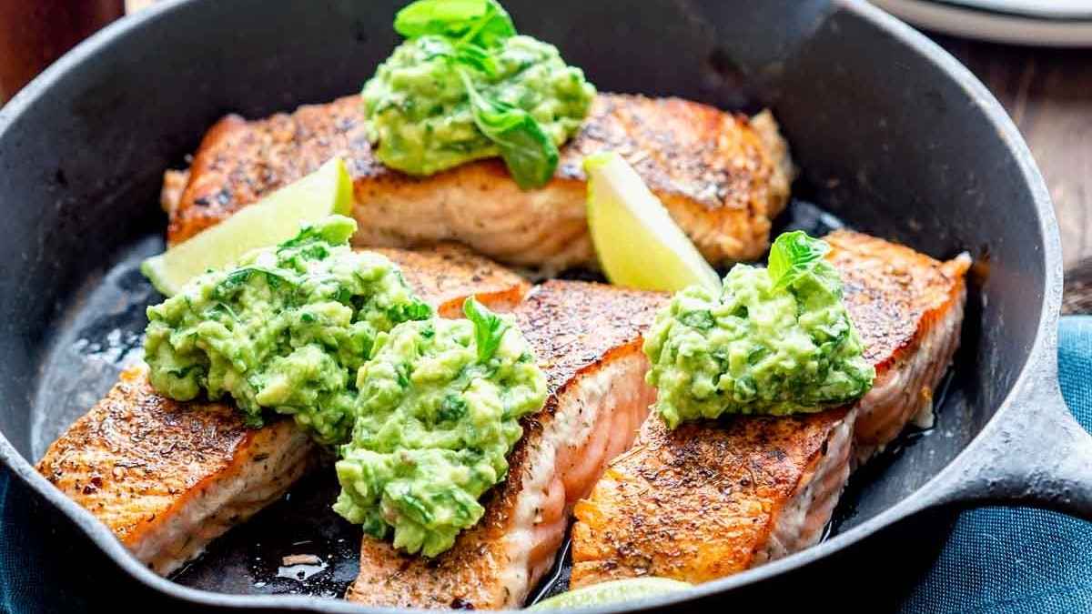 Skillet Salmon With Avocado And Basil.