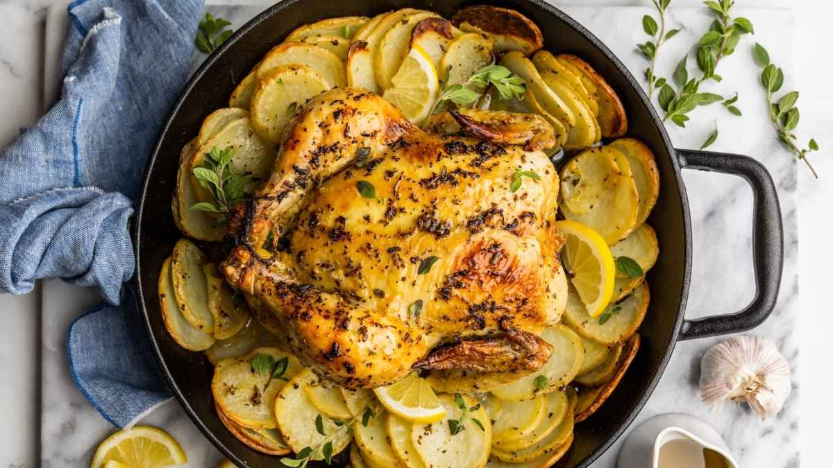 Greek Style Skillet Roast Chicken With Crispy Potatoes.