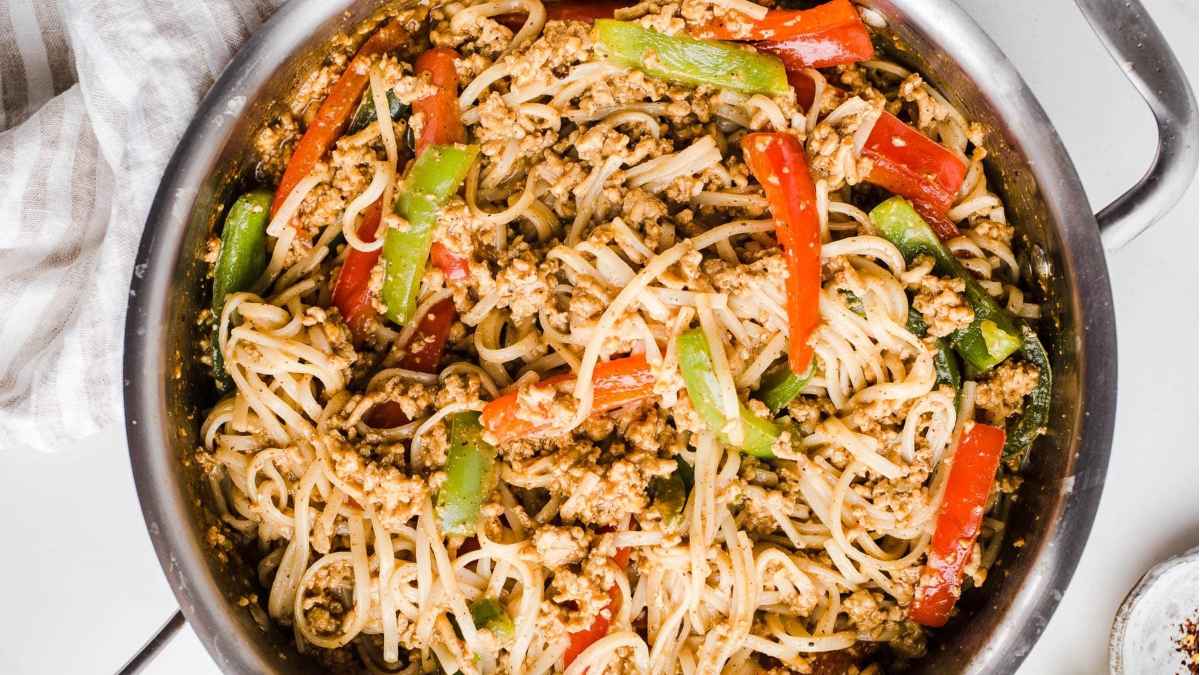 Ground Chicken Stir Fry with Rice Noodles.