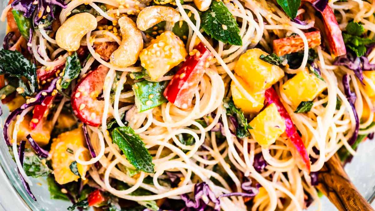 Mango Thai Noodle Salad With Sesame Ginger Dressing.