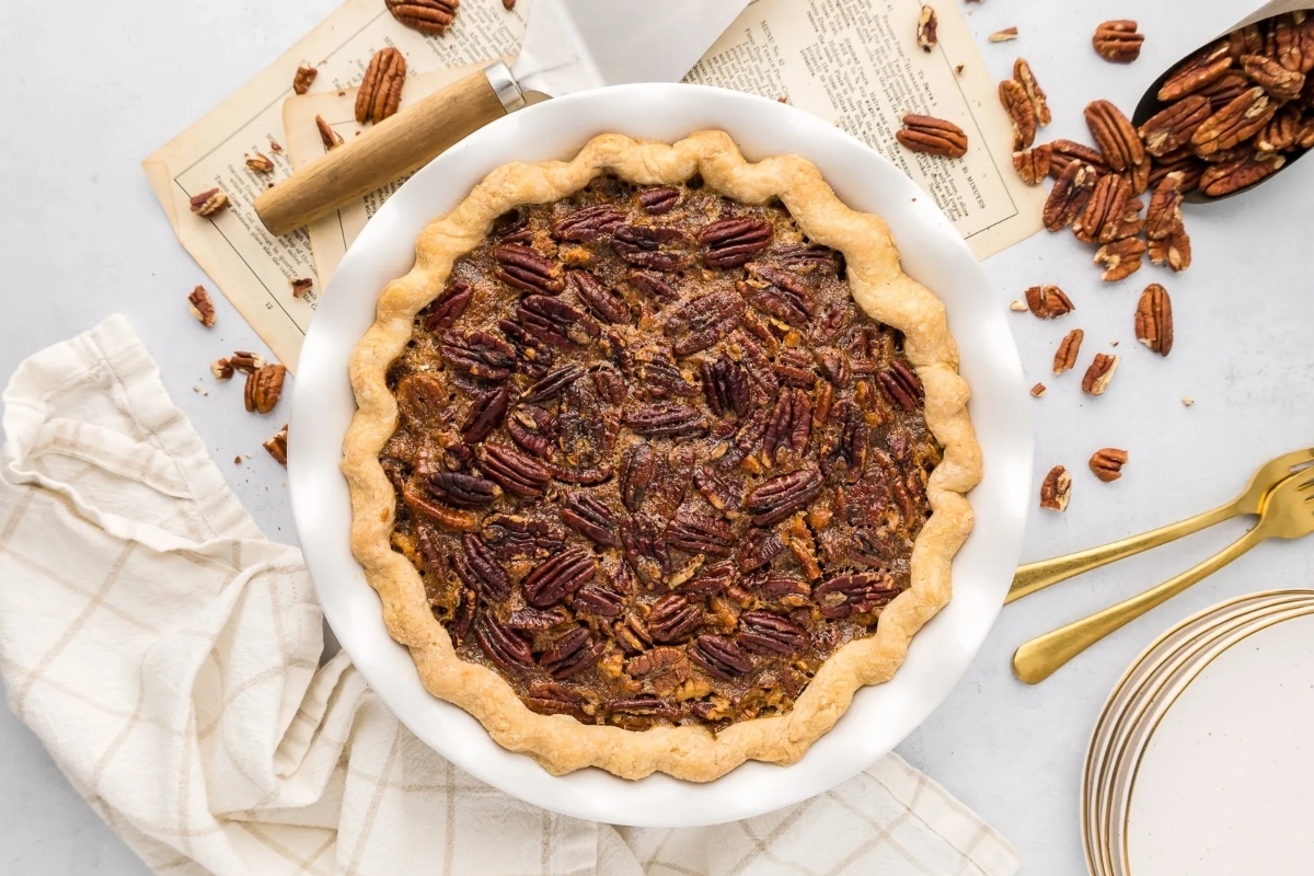 A pie in a white bowl.
