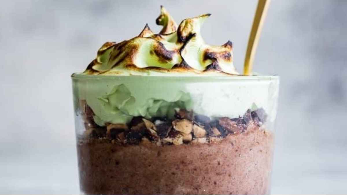 Mint Chocolate Mousse With Toasted Matcha Meringue.