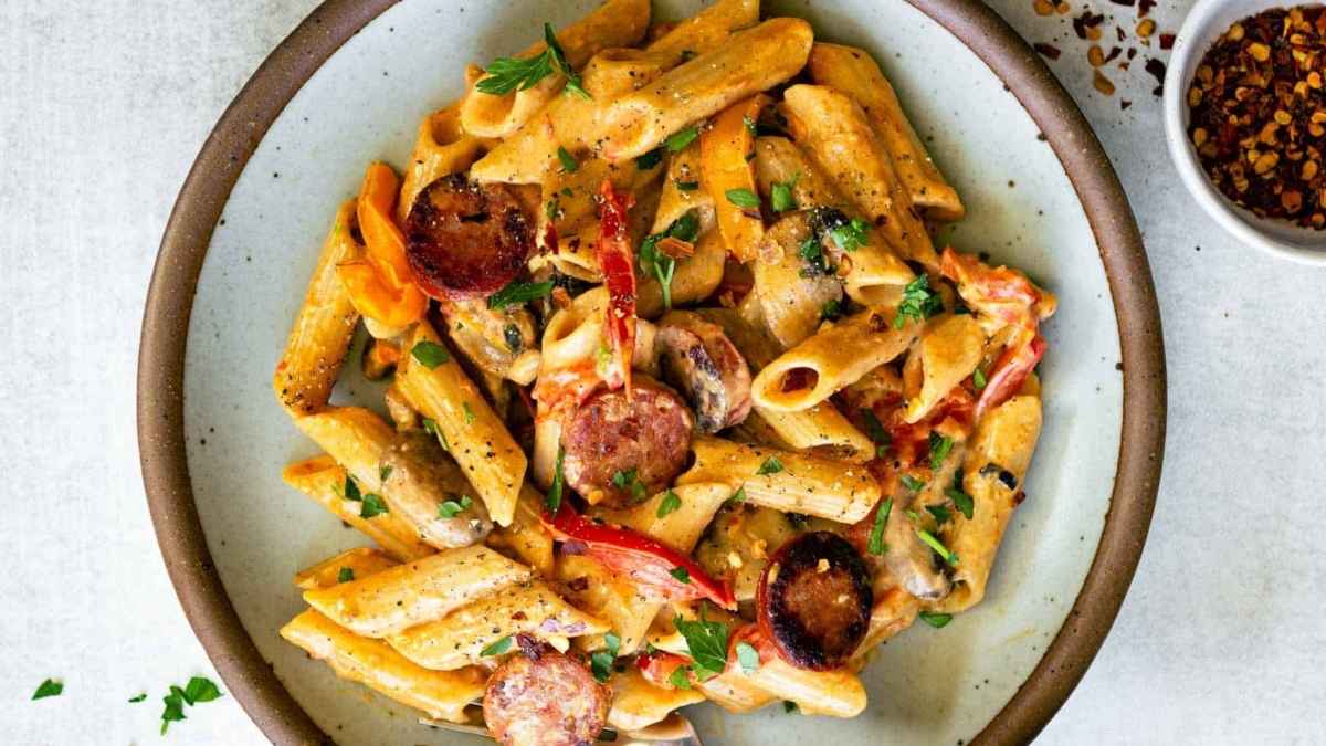 One Pot Creamy Cajun Sausage Pasta.