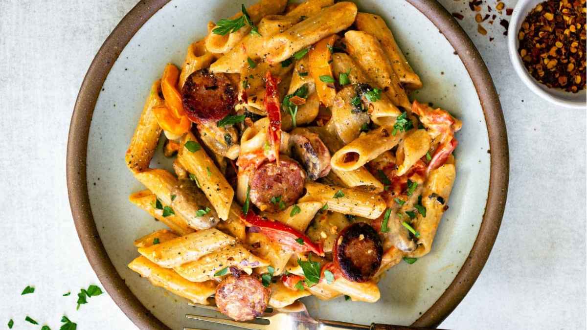 One Pot Creamy Cajun Sausage Pasta.