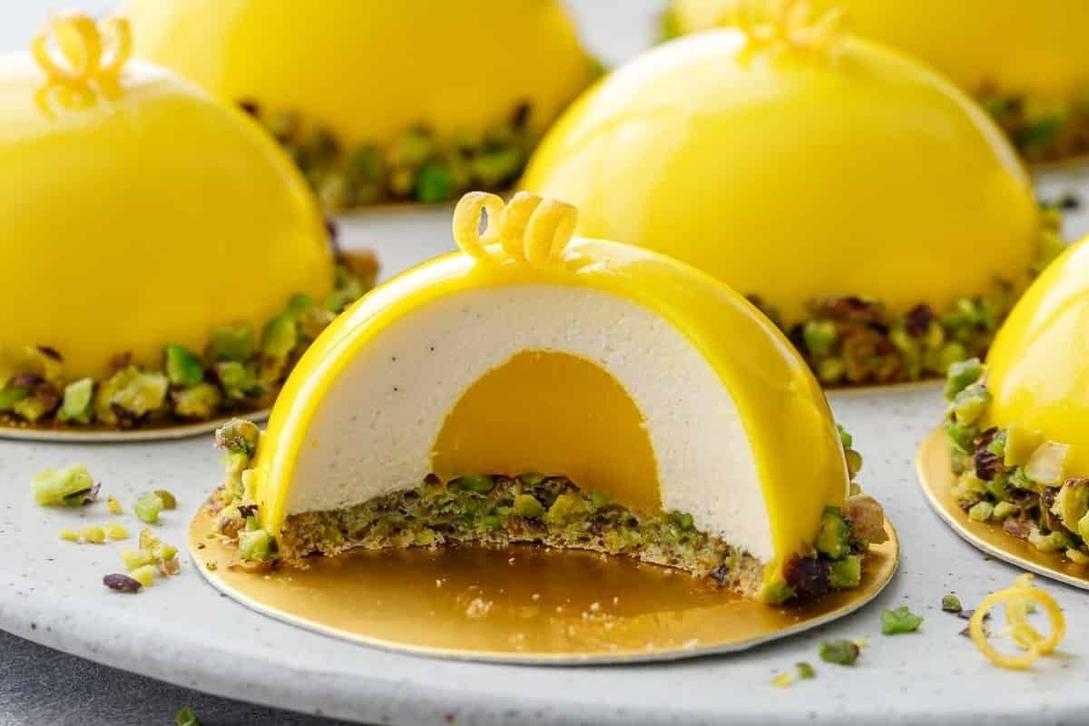 Pistachio Meyer Lemon Mousse Cakes With Mirror Glaze