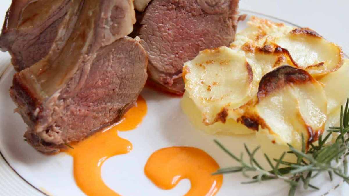Rack Of Lamb With Red Bell Pepper Butter Sauce.