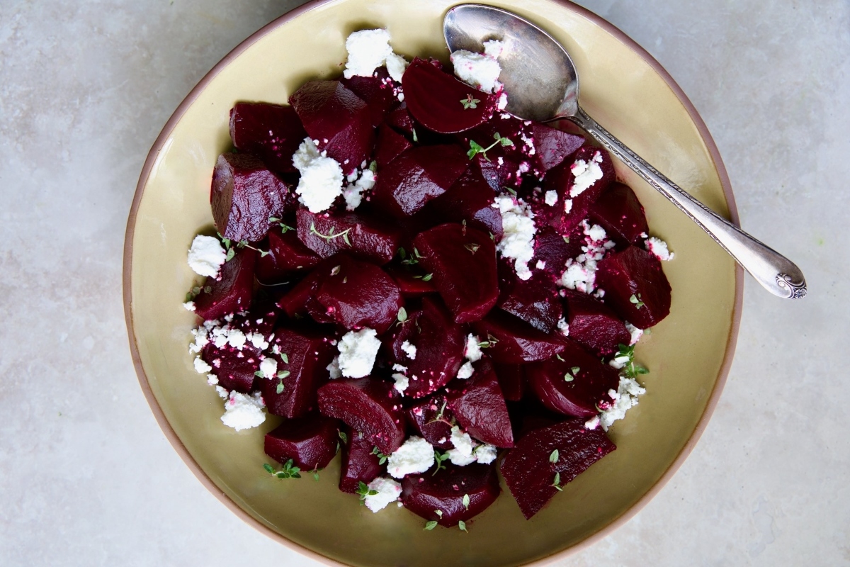 Beet salad with feta and thyme.