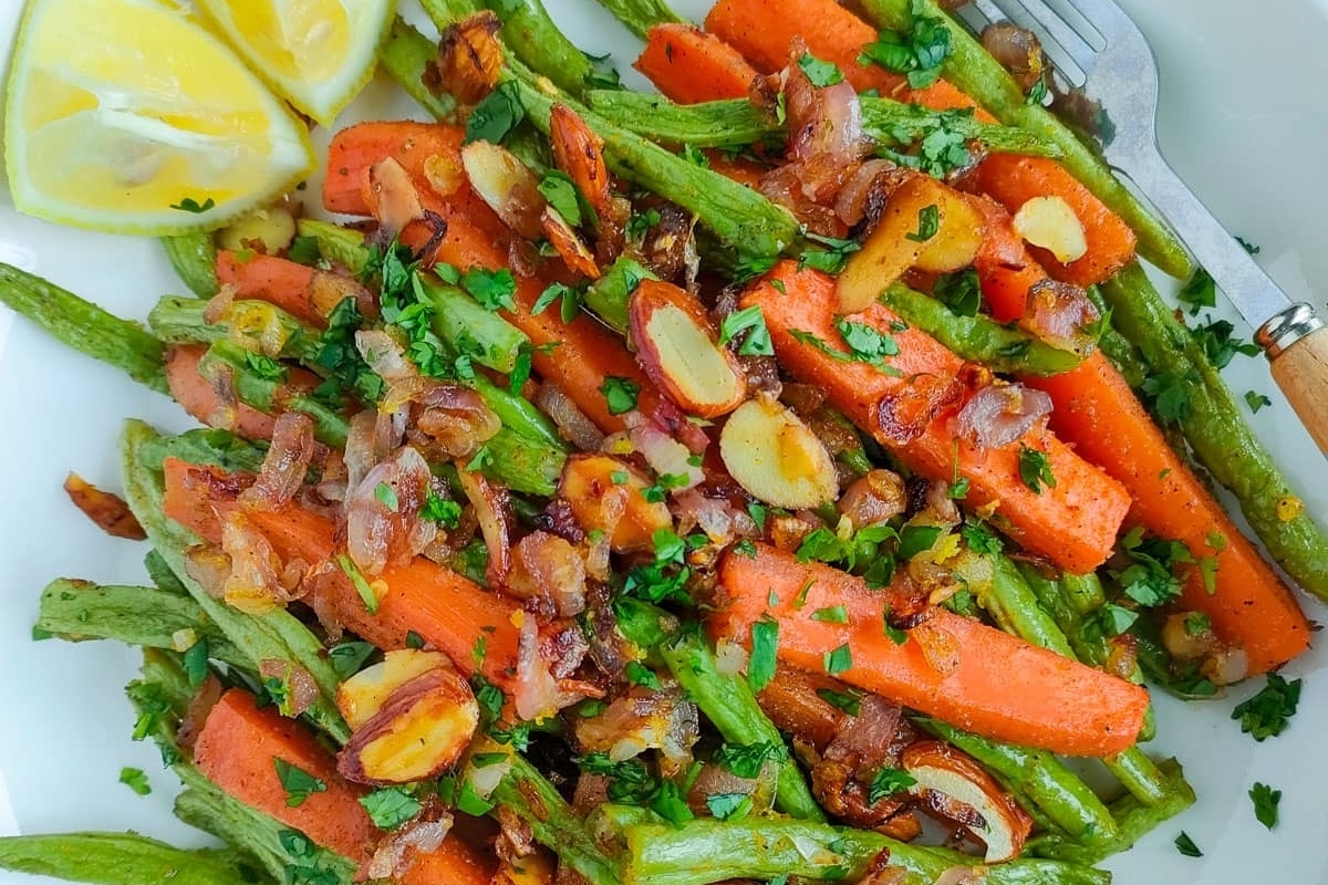 Simple Roasted Green Beans And Carrots With Almonds.
