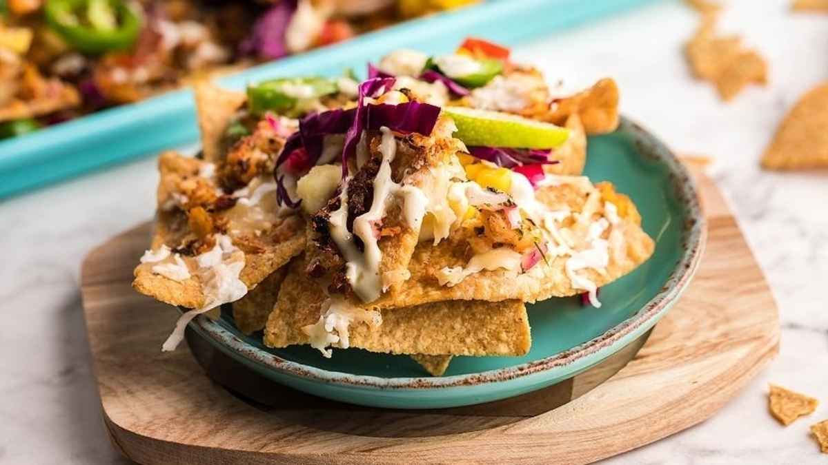 Sheet Pan Blackened Tilapia Baja Fish Nachos. 