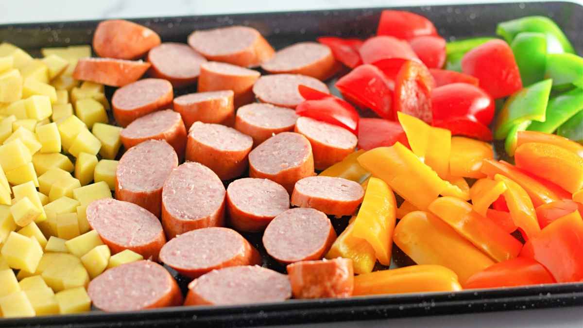 Simple Kielbasa Sheet Pan With Potatoes and Peppers.