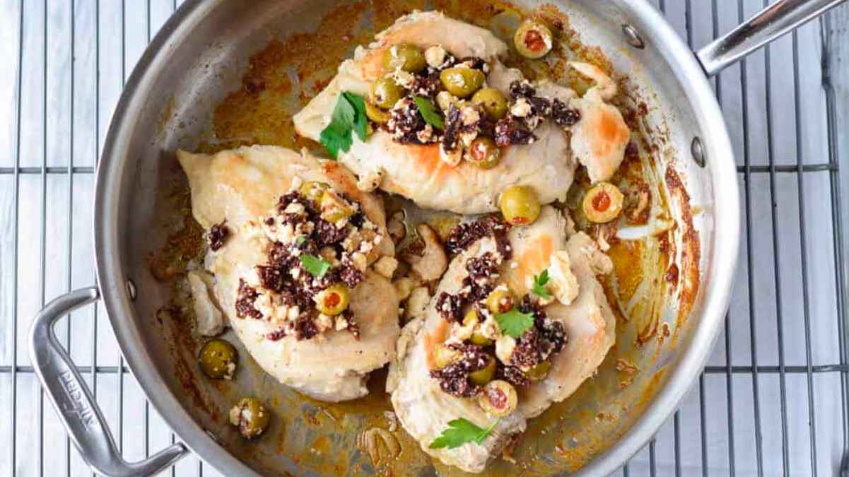 Skillet Chicken With Feta, Sun-Dried Tomatoes And Olives.