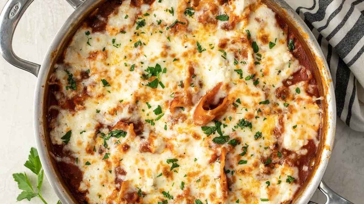 Lasagna in a pan.
