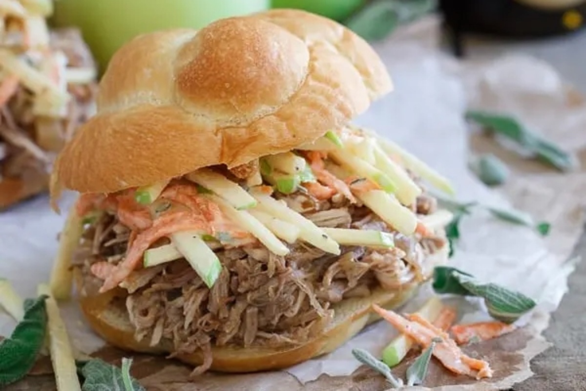 Pulled pork sandwich with apple slaw.