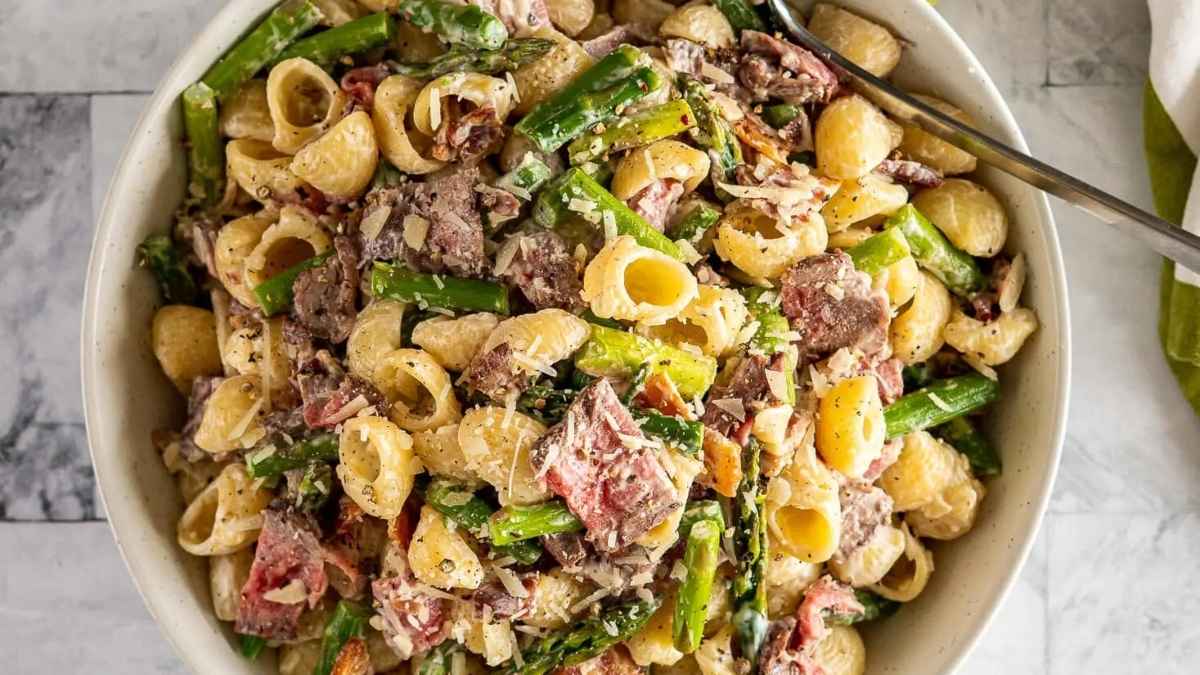 Steak Pasta Salad With Asparagus, Bacon + Parmesan.