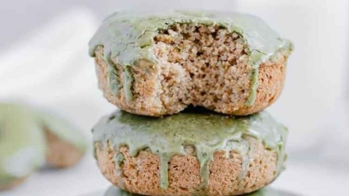 Whole Wheat Donuts With Matcha Glaze. 