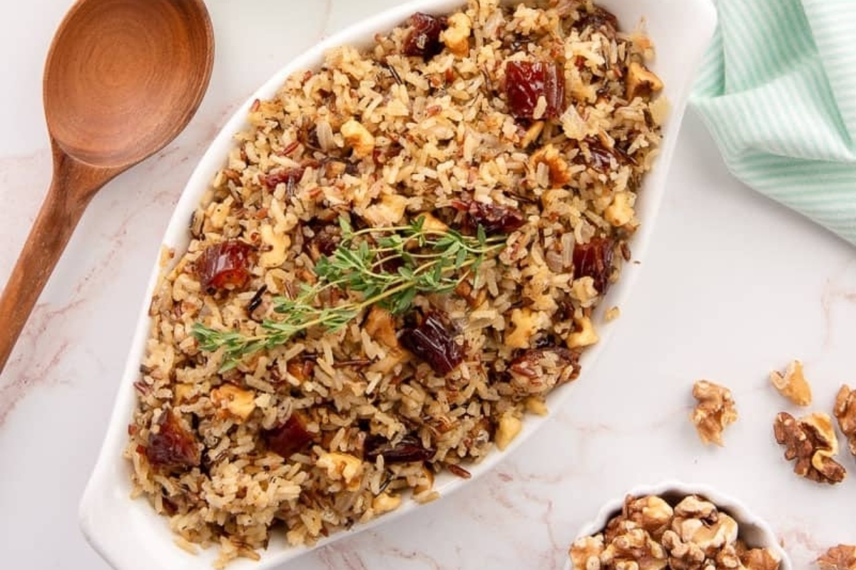 Wild Grain Casserole With Caramelized Onion, Dates, And Walnuts.
