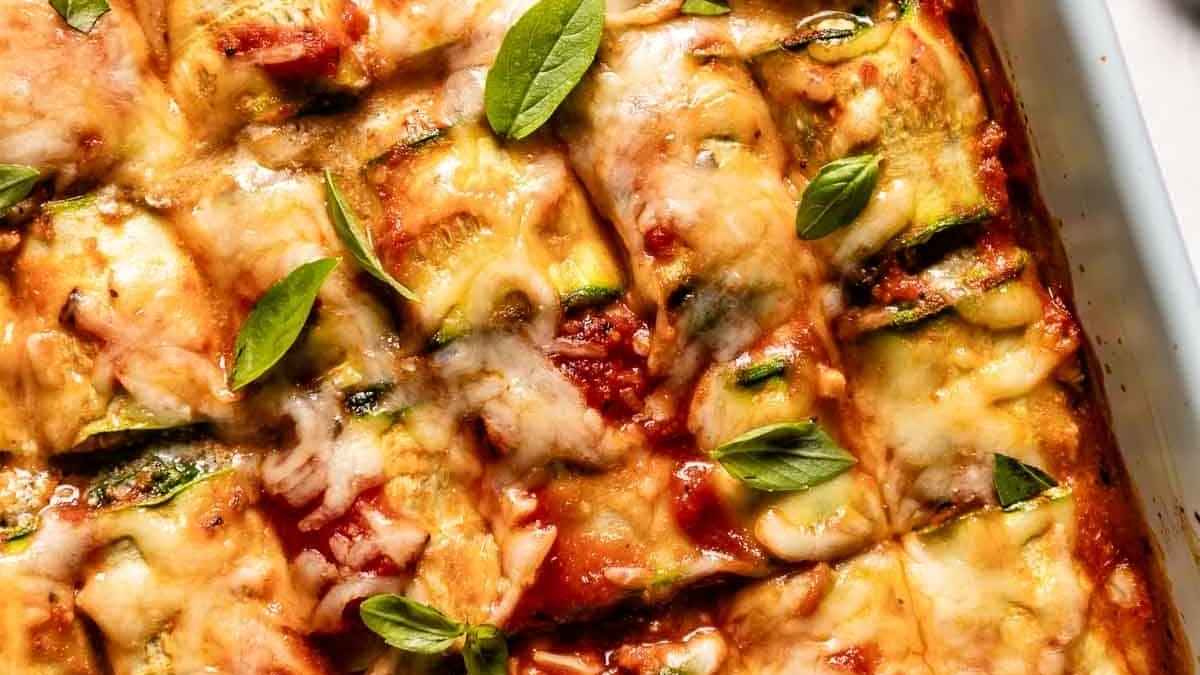 Lasagna rolls on a tray.