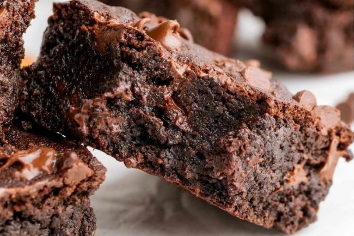A close up of a piece of chocolate brownie.
