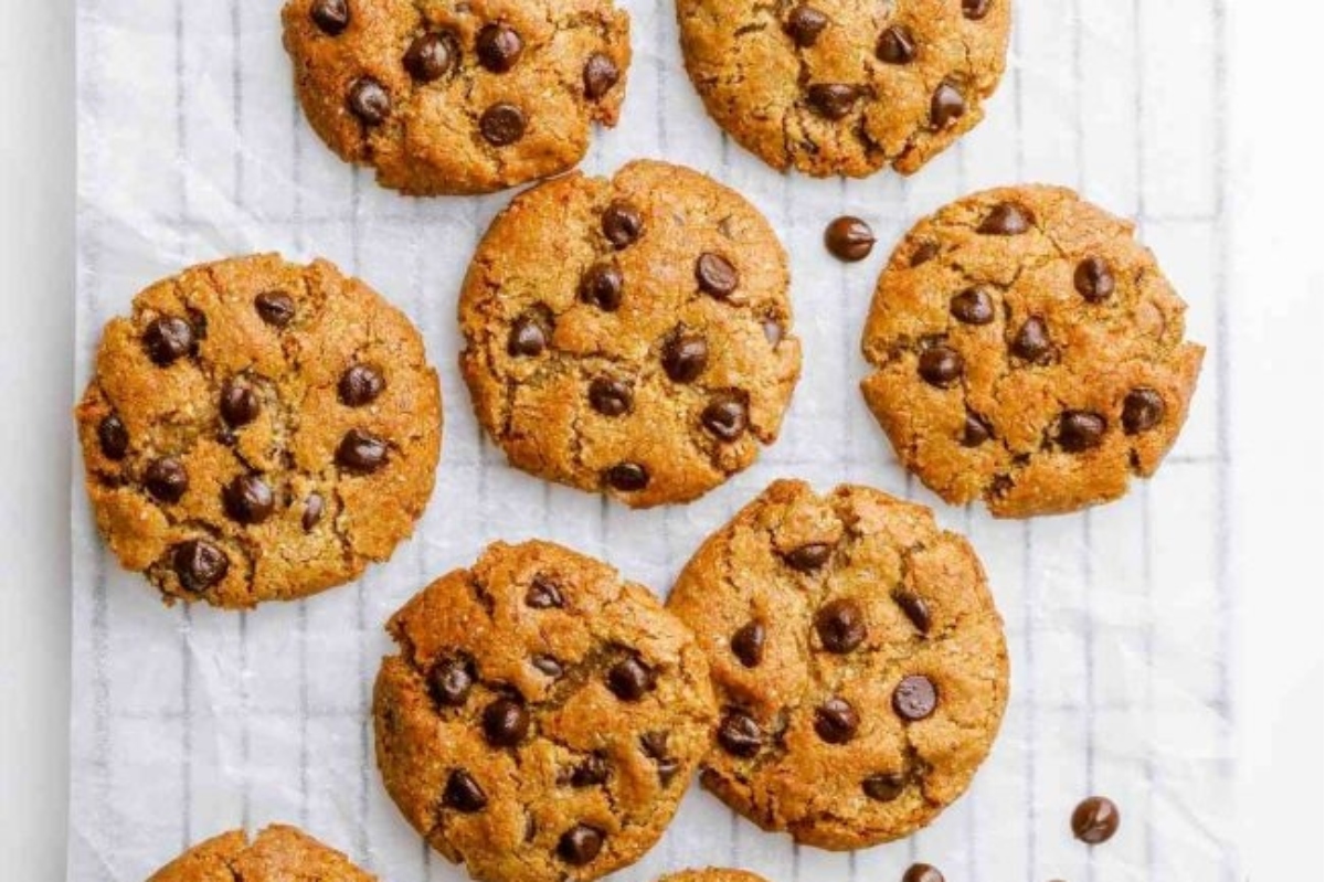 Chocolate chip cookies on a baking sheet.
