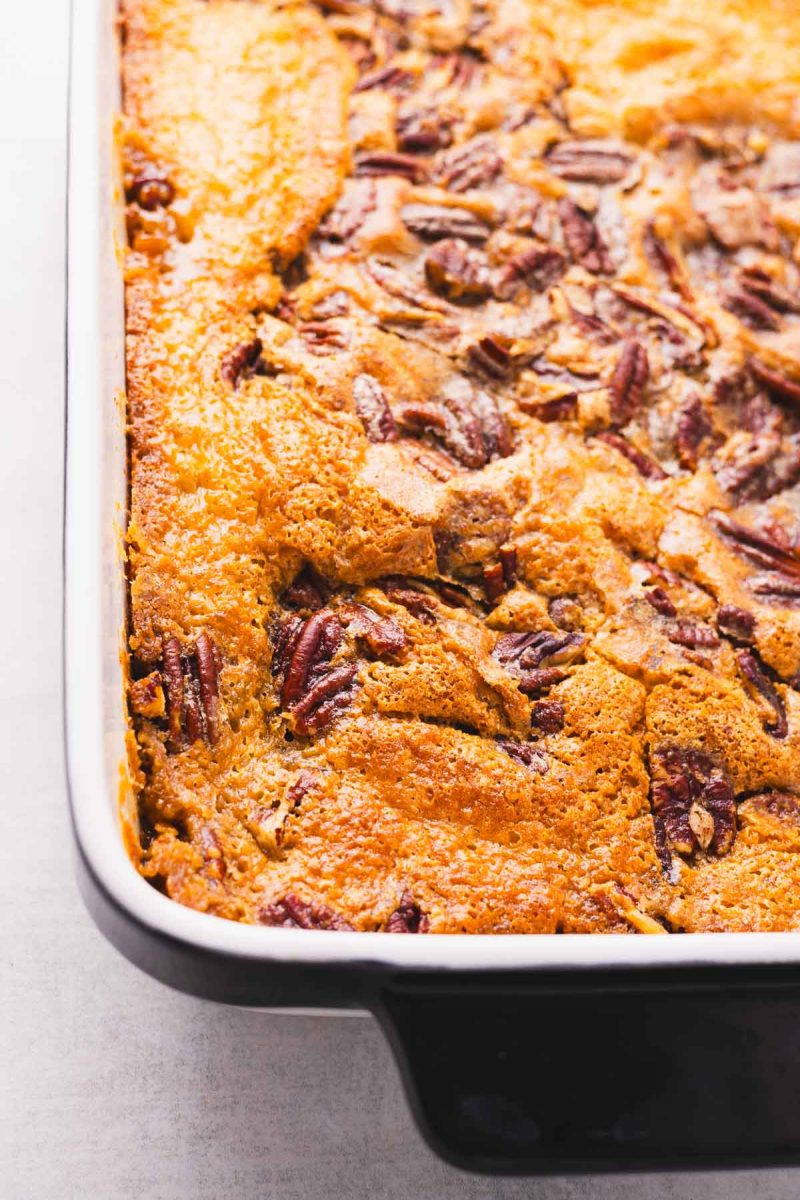 Baked pecan cobbler in a dish.
