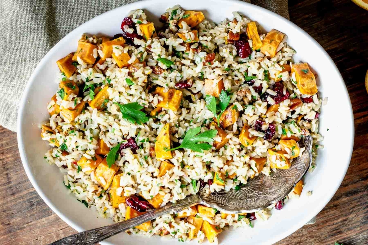 Sweet potato and cranberry rice salad.