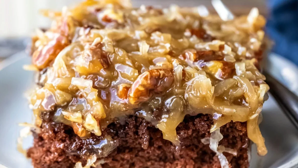 german chocolate sheet cake with lots of frosting.