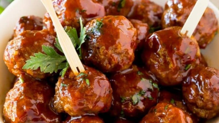 Bbq meatballs in a white bowl.