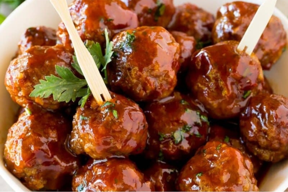 Bbq meatballs in a white bowl.